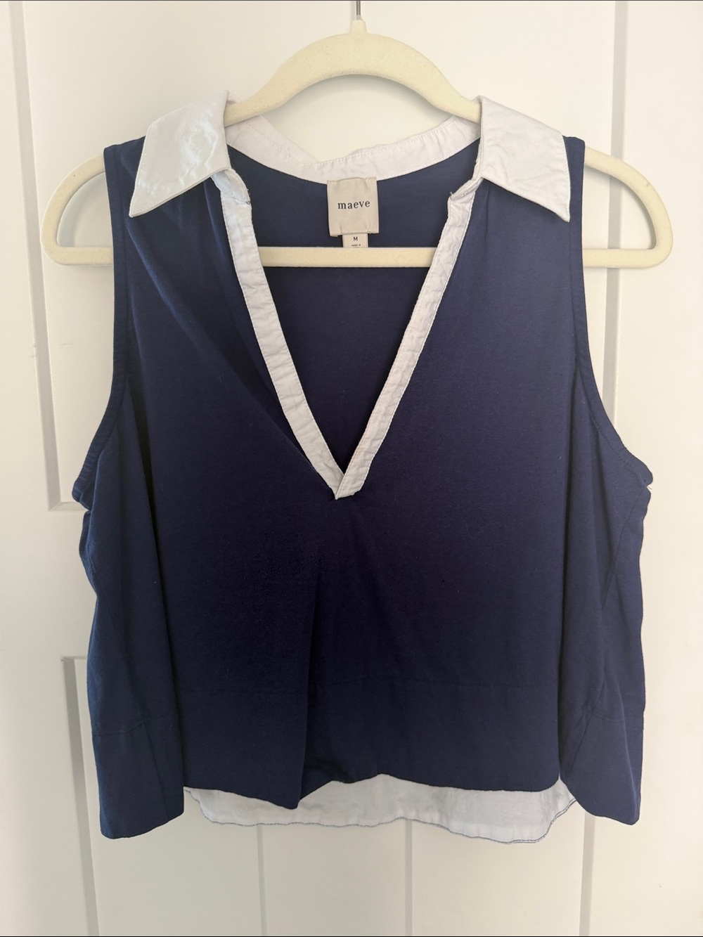 Maeve Navy Sleeveless V-Neck Tank with White Collar Trim